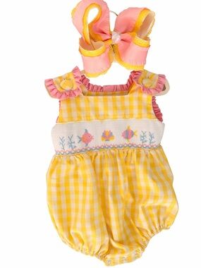 Yellow Gingham Baby Bubble Smocked Bubble with Pink Bow